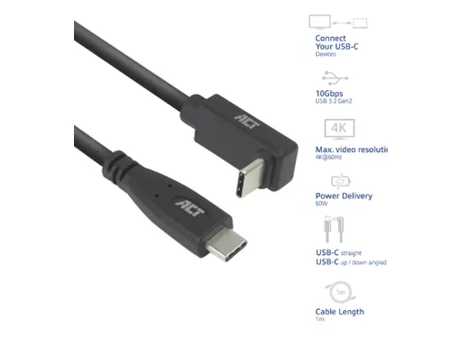 Kabel ACT USB-C standaard naar USB-C hoek boven/beneden 10Gbps 1m