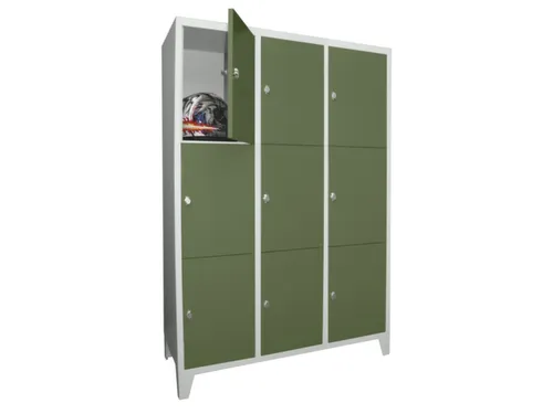 lockerkast,HxBxD 1850x1200x500mm,3x3vakken,RAL7035,front RAL6011