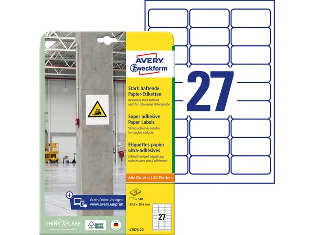 Avery Zweckform L7874 Sterk klevende etiketten A4 63,5x29,6mm 540 stuk