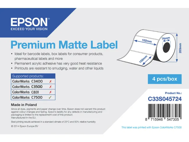 Premium Matte Label - Die-cut Roll: 102mm x 152mm, 800 labels