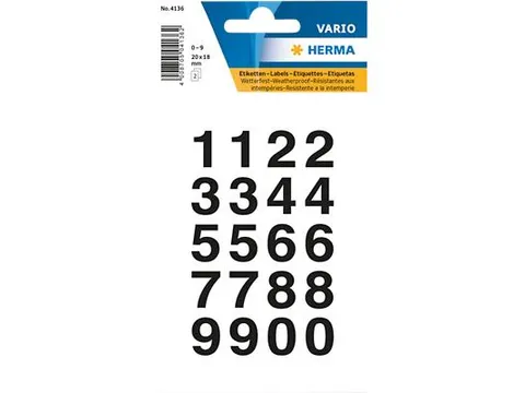 Etiket Herma 4136 20x18mm Getallen 0-9 Zwart op Transparant 40 stuks