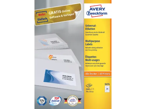 Etiket Avery Zweckform 3474 70x37mm wit 2400stuks