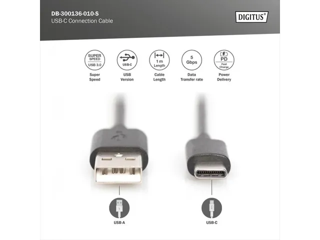 USB Type-C-aansluitkabel Type-C - A St/St 1,0m 3A 5 GB 3,0 Zwart