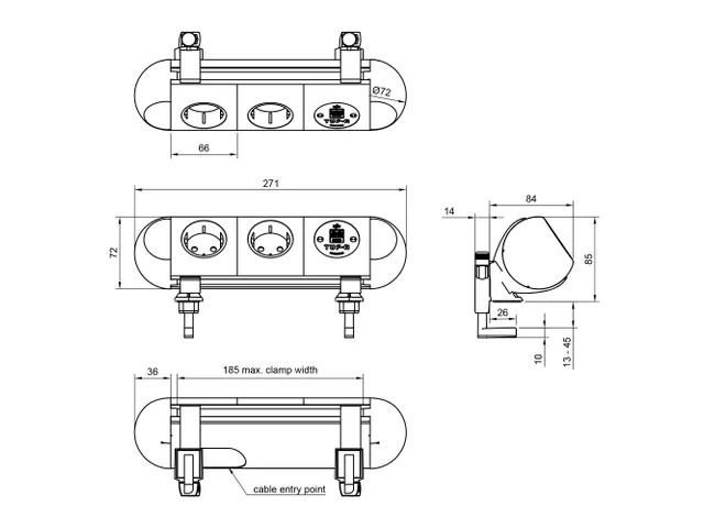 Desktop stekkerdoos Power Polar 2-voudig + USB A en C 25W Zwart