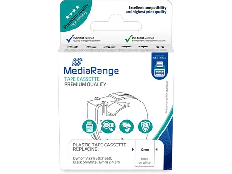Labeltape voor Dymo 91221 12mmx4m zwart op wit gelamineerd