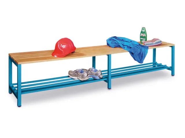 banc-patère,LxP 2000x370mm,barrettes en bois hêtre,piètement RAL501