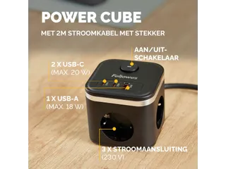 Stekkerblok Fellowes Power Cube F 3-voudig 1xUSB-A 2xUSB-C 2m zwart - 12
