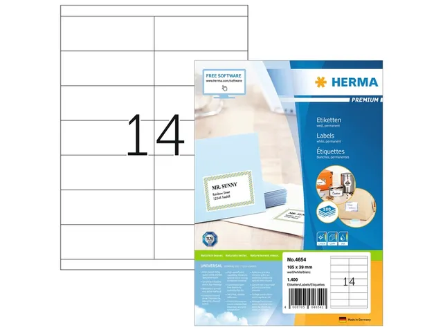 Etiket HERMA 4654 105x39mm premium wit 1400 stuks