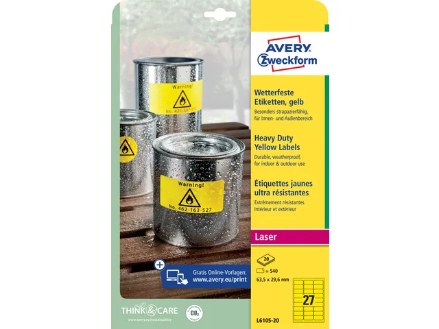 Avery Zweckform Ultra sterk etiket L6105-20 63.5x29.6mm Geel 540 stuks