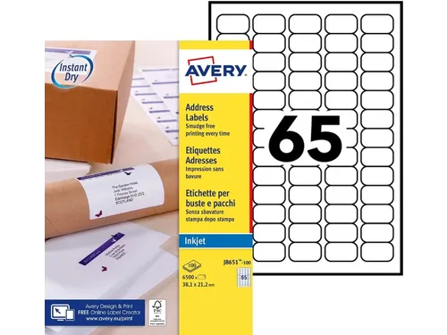Etiket Avery J8651-100 38.1x21.2mm Inkjet wit 6500 stuks