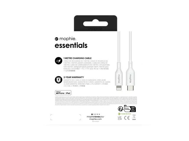mophie essentials Lightning to USB-C | charging cable (1M), 1 m, Light