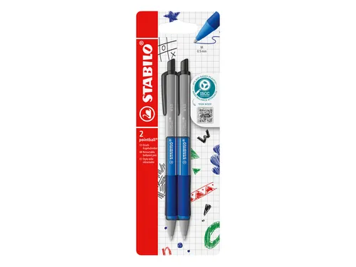 Balpen STABILO pointball colorful medium blauw blister à 2 stuks