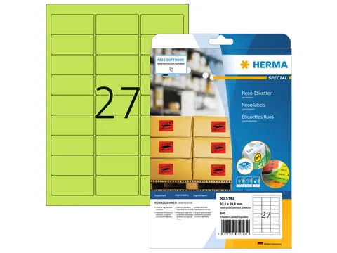 HERMA 5143 Gekleurde etiketten A4 63,5x29,6mm Neon Groen 540 stuks