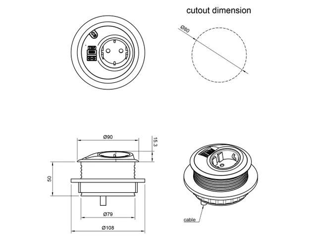 Desktop stekkerdoos Power PixelTUF 1x Schuko + USB A en C 25W Zwart