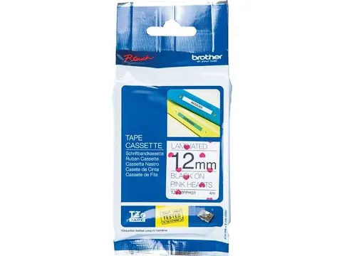 TZEMPPH31 Brother Ptouch 12mm zwart roze tape 4m laminated roze hartje