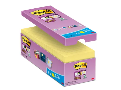 Memoblok 3M Post-it 654 Super Sticky 76x76mm geel 14+2 gratis
