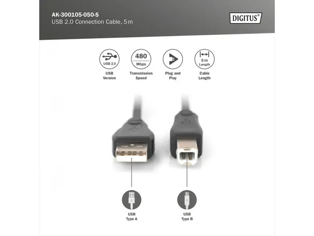 USB 2.0 Aansluitkabel Type A - B St/St 5m Zwart