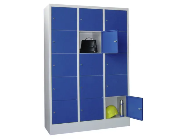 lockerkast,HxBxD 1850x1200x500mm,3x5vakken,RAL7035,front RAL3000