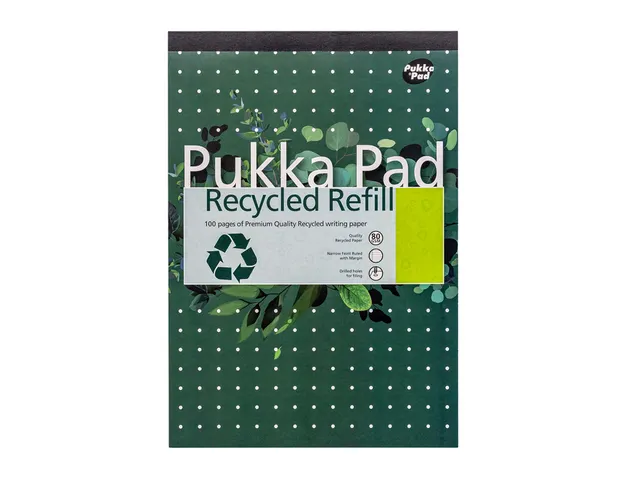 Schrijfblok Pukka Recycled A4 lijn 4-gaats 100 vel 80 gram groen