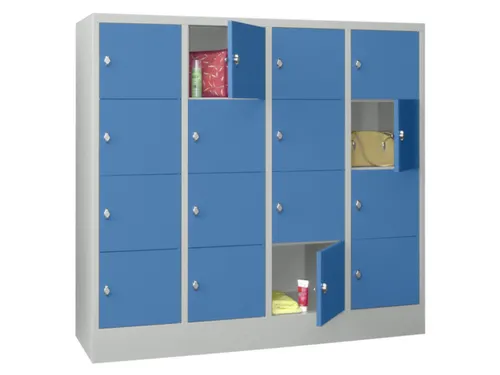 lockerkast,HxBxD 1518x1600x500mm,4x4vakken,RAL7035,front RAL5012