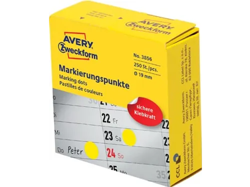 Avery marking dots, diameter 19mm, rol met 250 stuks, geel