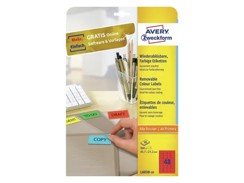 Gekleurde etiketten Avery Zweckform 45.7x21.2mm Rood 960 stuks