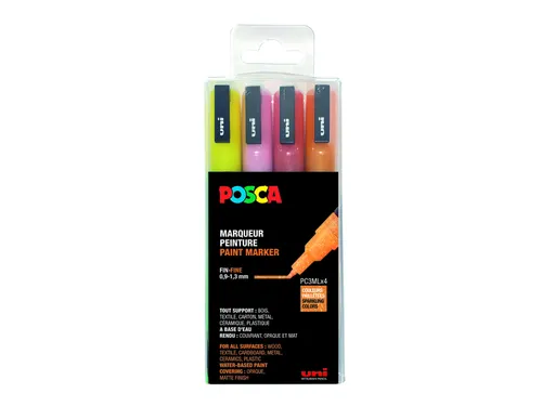 Verfstift Posca PC3M Fijne punt 0,9-1,3mm 4 stuks glitter kleuren warm