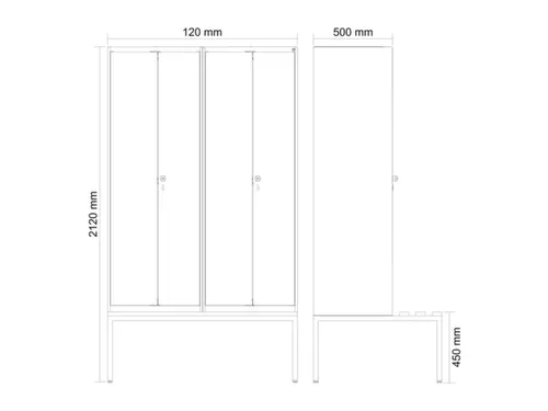 locker met bank,voor scheiding van kleding,HxBxD 2120x1200x815mm,4vak
