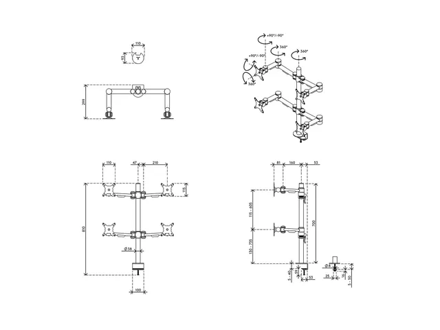 Bras support 4 écrans bureau Viewmaster 622 Argent