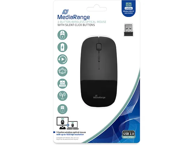 MROS215 Optische muis 3 knoppen silent-click draadloos Zwart glans