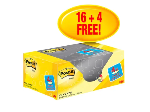 Memoblok 3M Post-it 653 38x51mm geel 16 + 4 gratis