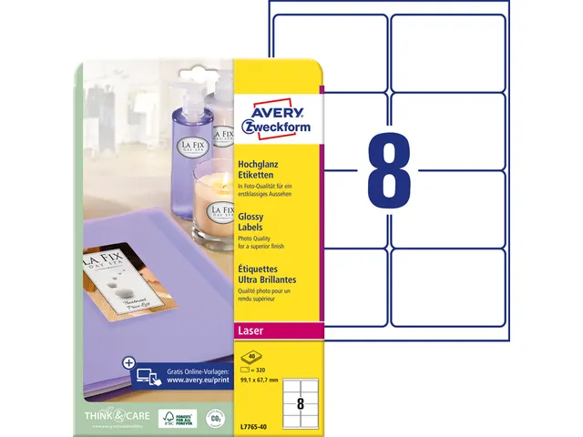 Etiket Avery L7765-40 99.1x 67.7mm hoogglans wit 320 stuks 40 vel