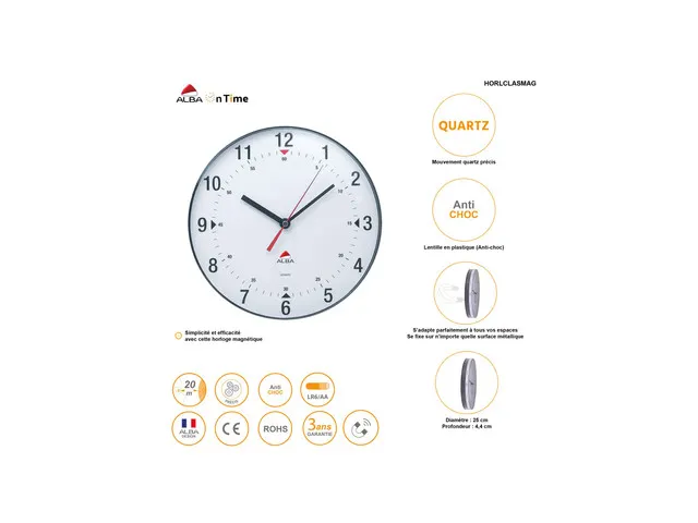 Classic magnetische wandklok met een diameter van 25 cm.