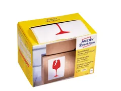 Waarschuwings etiket Avery 'Fragile' op rol in dispenser 74x100mm