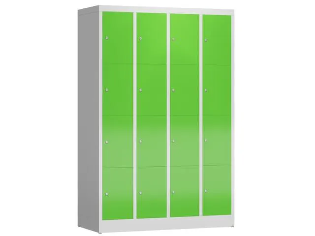 Lockerkast 1800x1185x500mm 4x4 vakken cilinderslot, sokkel, RAL6018