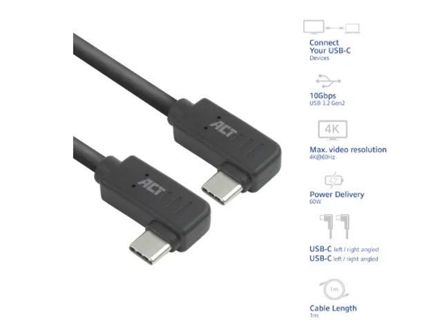 Kabel ACT USB-C hoek links/rechts 10Gbps 1m