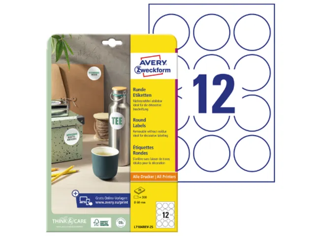 Etiket Avery L7104REV-25 rond 60mm wit 300 stuks 25 vel