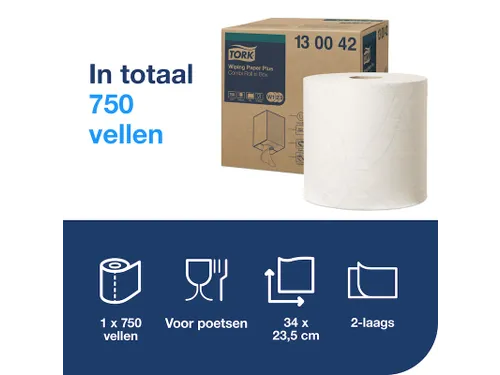Tork 130042 W1,W2,W3 Plus Poetspapier Premium 2-laags Wit 255m