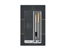 Balpen en vulpen Parker Jotter stainless steel GT medium 2 stuks