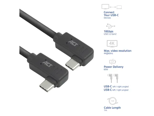 Kabel ACT USB-C hoek links/rechts 10Gbps 1m