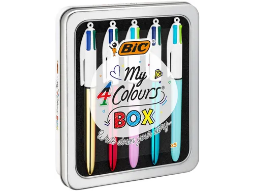 Balpen Bic 4kleuren My Bic medium assorti blik à 5 stuks