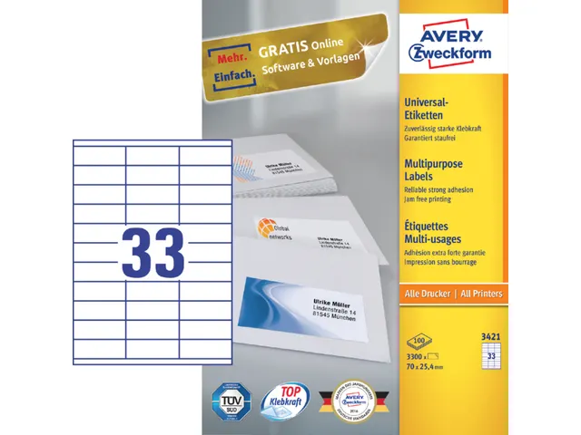 Etiket Avery Zweckform 3421 70x25.4mm wit 3300stuks