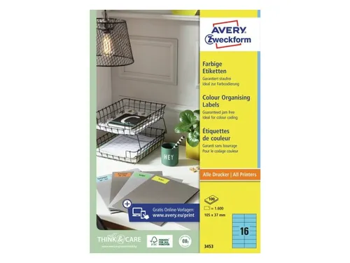 Gekleurde Etiketten Avery Zweckform 105x37mm Blauw 1600 stuks