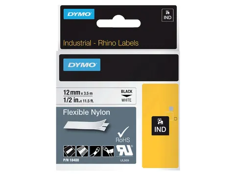 Labeltape Dymo Rhino 18488 Nylon 12mmx3.5m Zwart Op Wit
