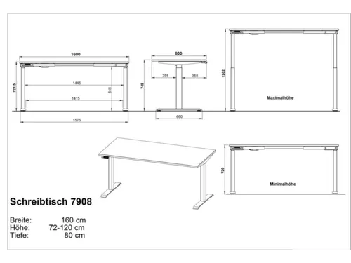 Elektrisch ihv bureau,HxBxD 720-1200x1600x800mm,blad Grandson-eiken