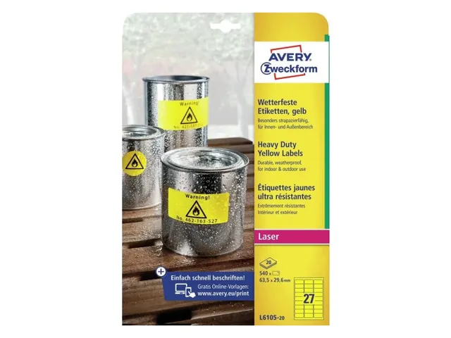 Avery Zweckform Ultra sterk etiket L6105-20 63.5x29.6mm Geel 540 stuks