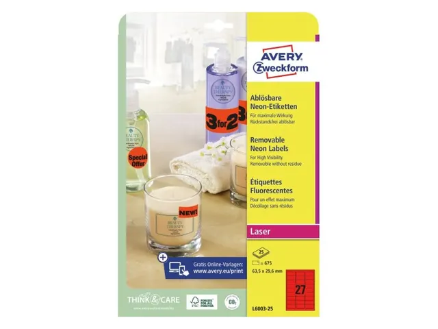 Gekleurde etiketten Avery Zweckform 63.5x29.6mm Neon Rood 675 Stuks