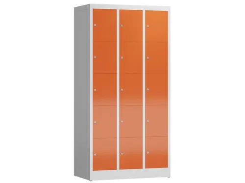 Lockerkast 1800x870x500mm 3x5 vakken cilinderslot, sokkel, RAL3000