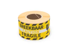 Verpakkingsetiketten 46x125mm Op Rol Zwart Geel Fragile 250 Stuks