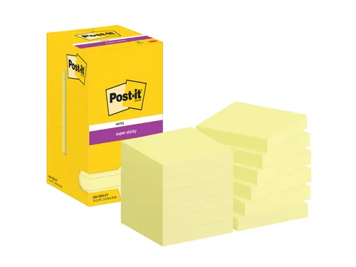 Memoblok Post-it 654 Super Sticky 76x76mm canary yellow 12 stuks